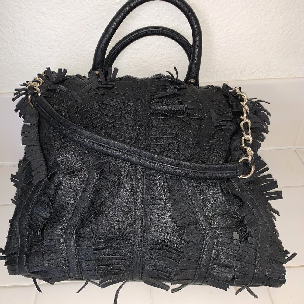 Melie Bianco Black Fringe Leather Shoulder Bag